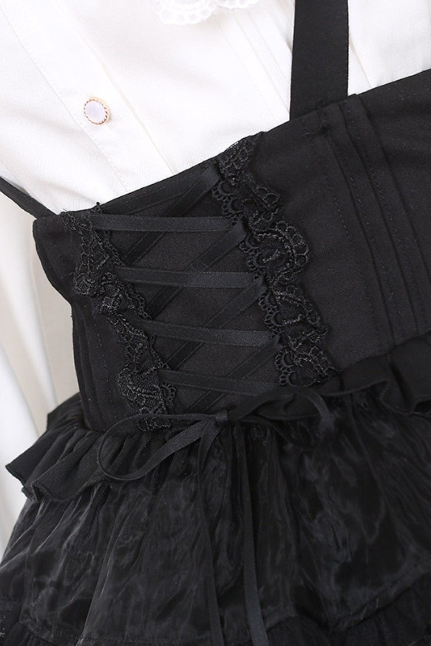 Holy Cross Flutter Sleeve Suspender Skirt + Shirt