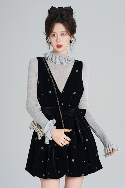 French Black Velvet Ribbon Balloon Dress