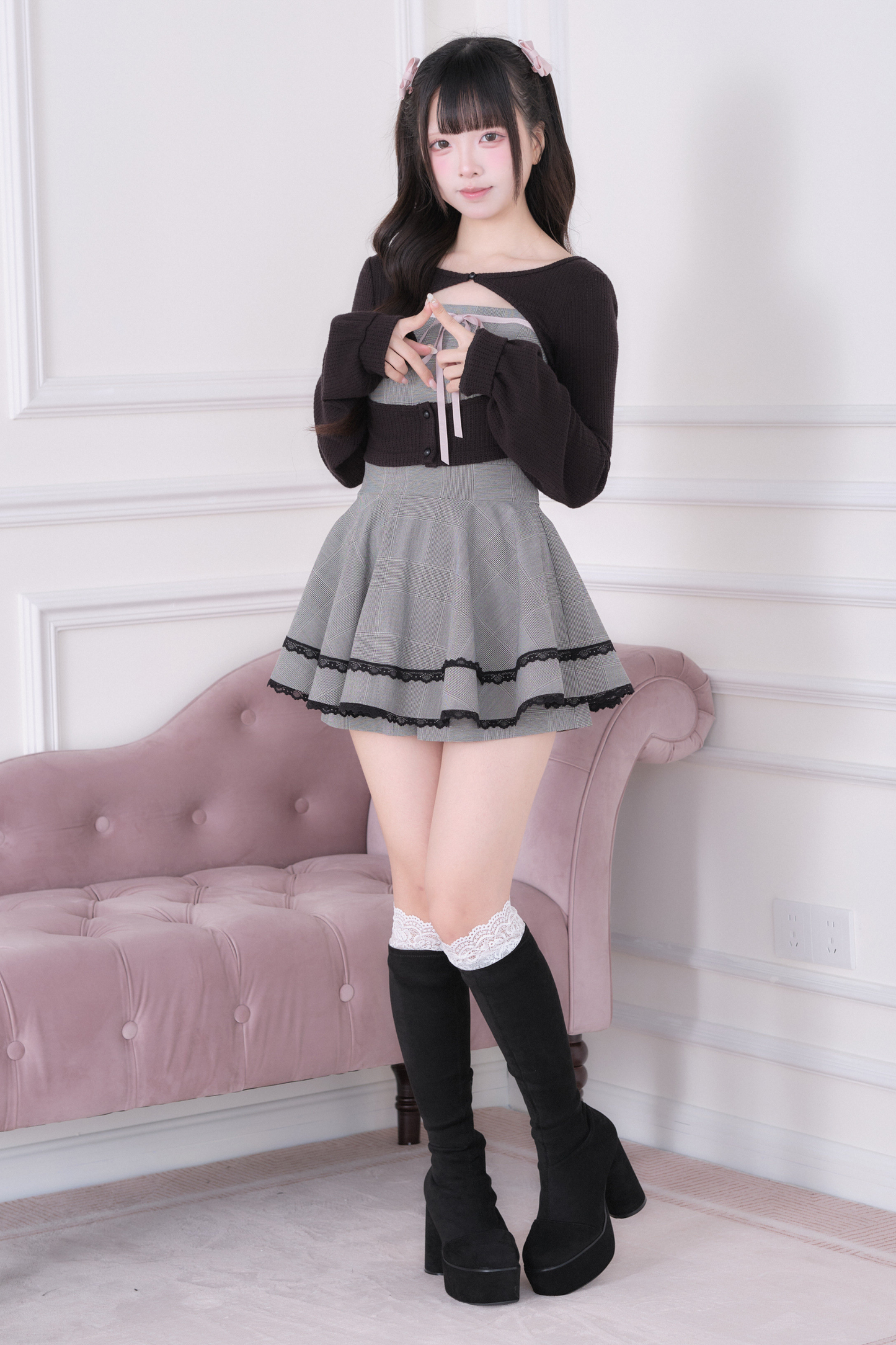 Lace Cardigan + Checkered Dress + Inner Pants