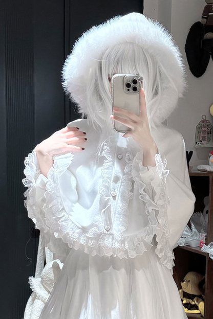Fur Hooded Mantle + Tops + Skirt