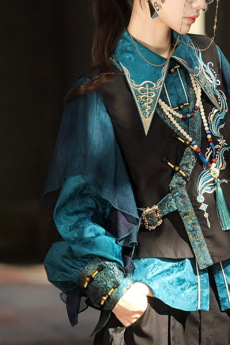 Ruan Chinese-style Top + Vest + Wide Leg Pants + Necklace