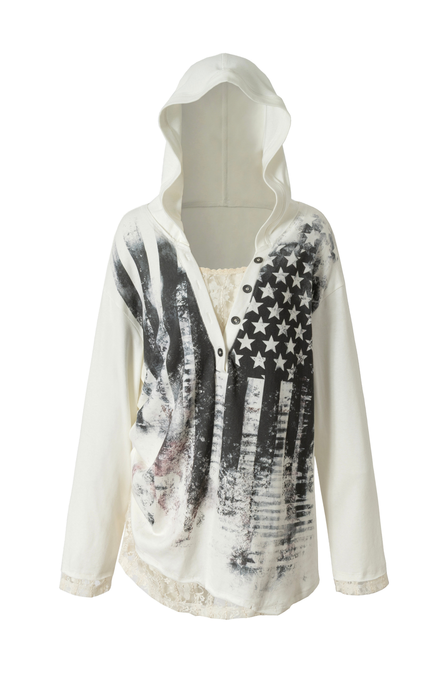 Lace Patchwork Loose Hooded Hoodie