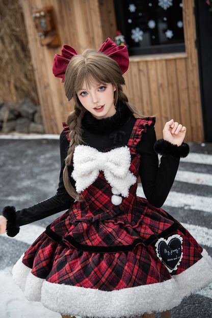 Checked Doll Jumper Skirt + Bow Brooch + Pin + Love Brooch + Shawl + Top + Leg Warmers