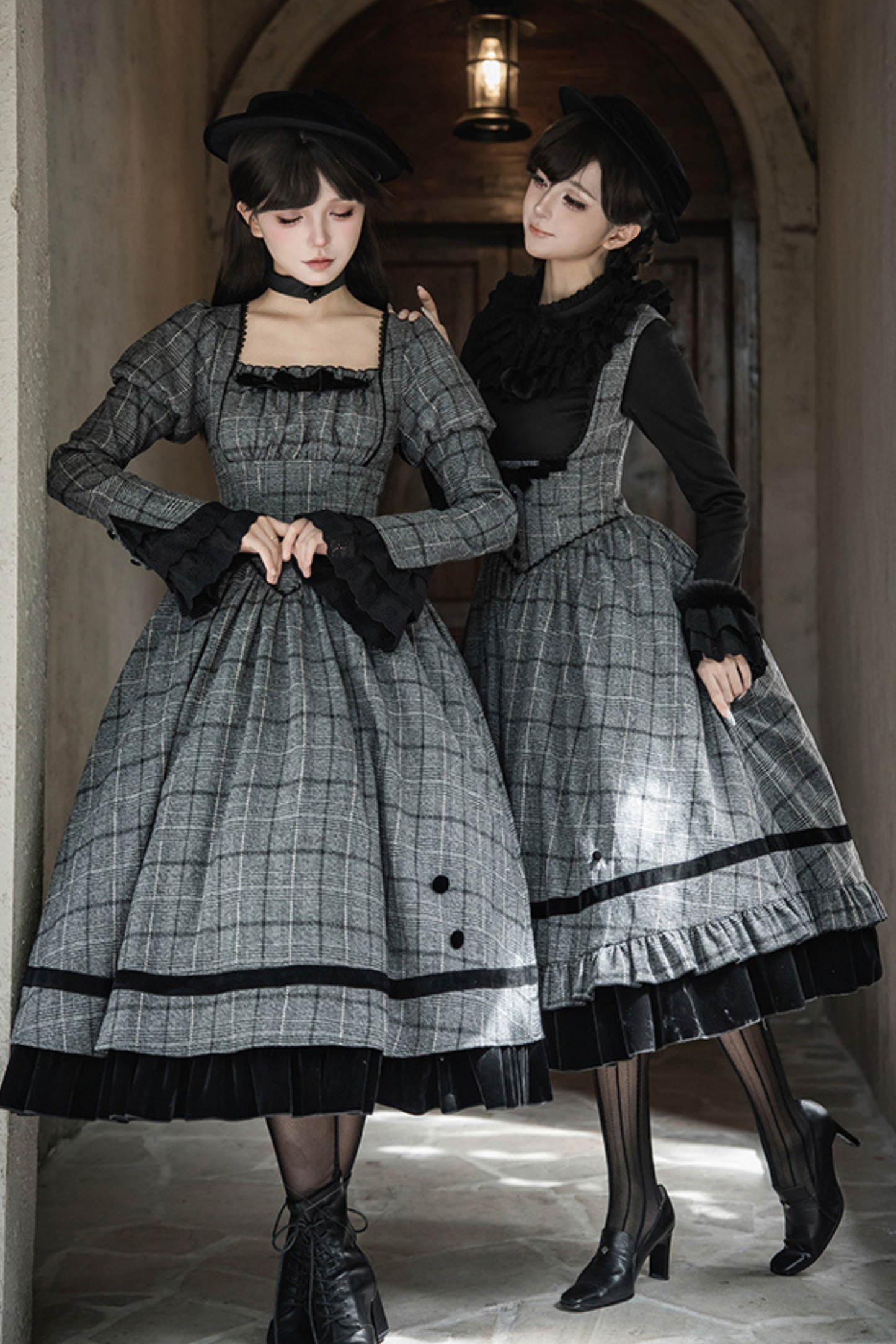 Plaid Fishbone Chest Jsk + Dress + Innerwear + Ribbon + Hat