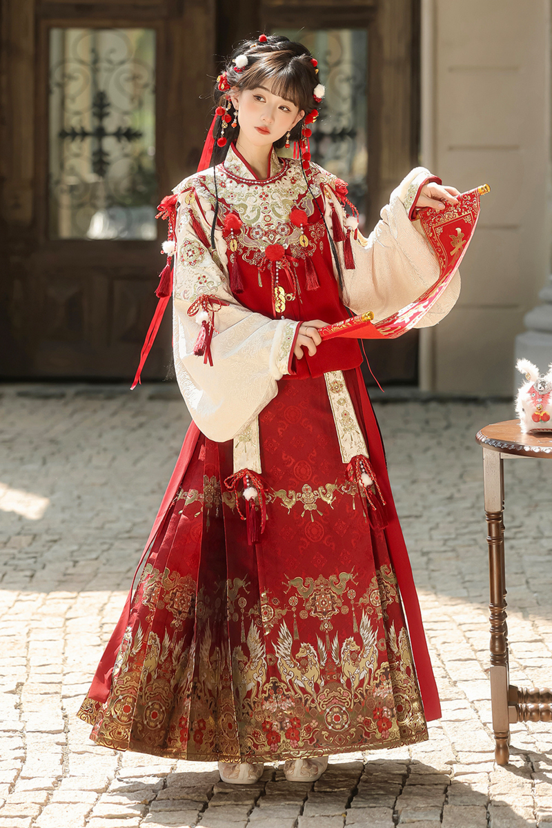 Retro Chinese-style Top + Skirt + Vest + Shoulder