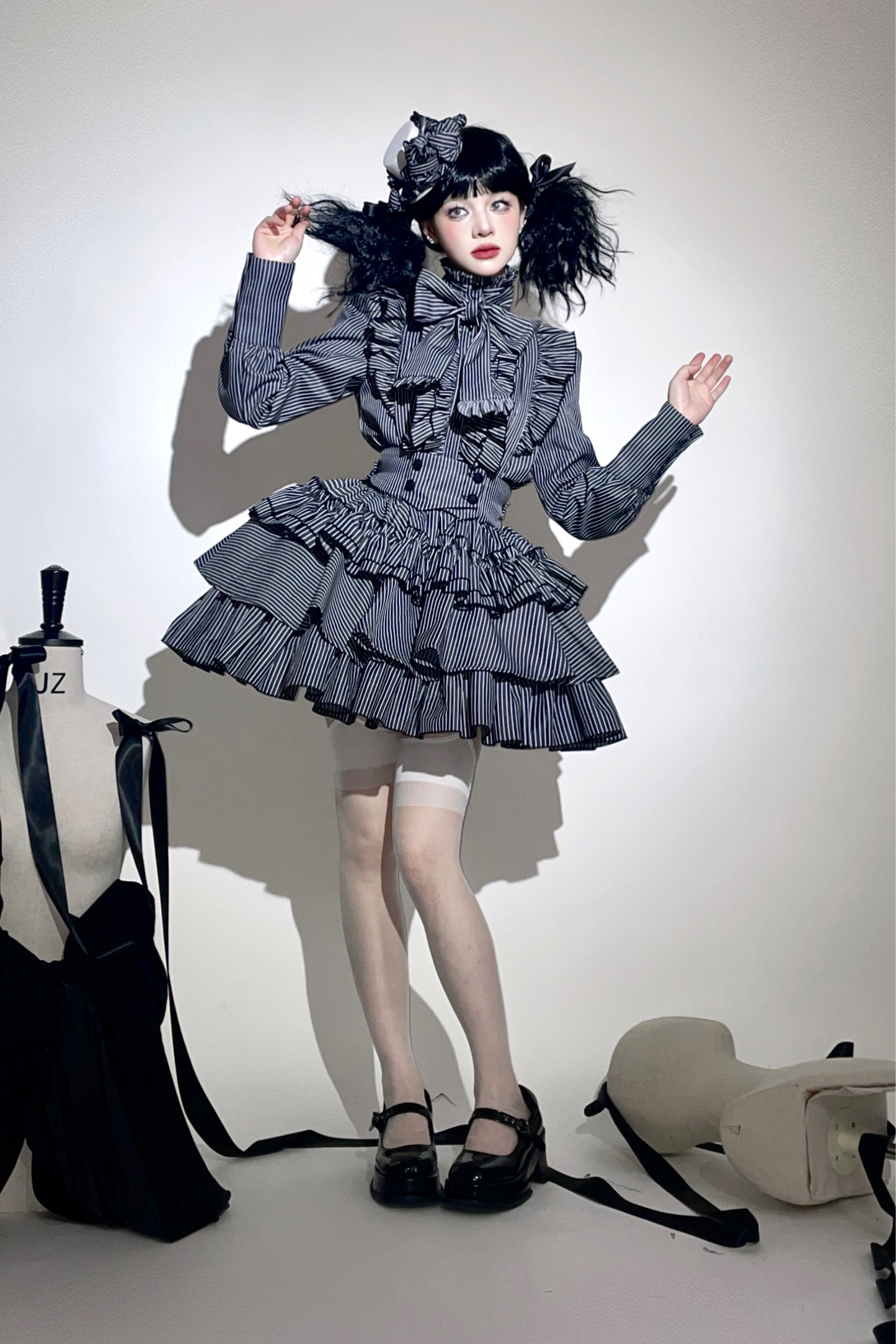 Striped Gothic Lolita Shirt + Tiered Skirt