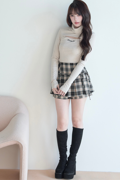 High Neck Knit Top + Plaid Skirt