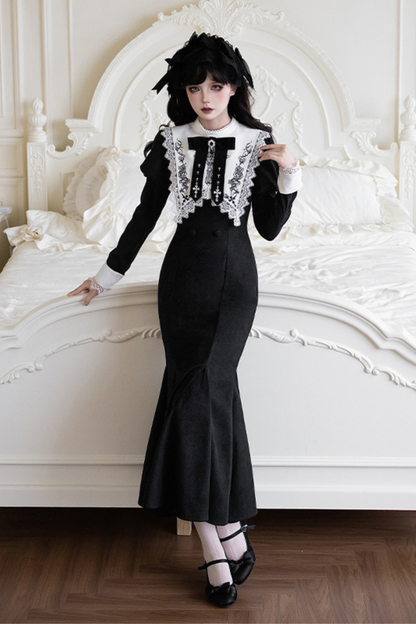 Mermaid Dress + Lace-up Short Dress + Cloak + Collar + Ribbon Brooch