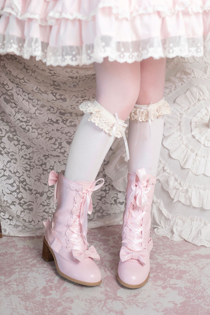 Ribbon Lace Up Mid Calf Boots