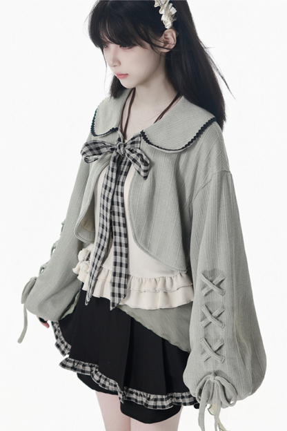 Plaid Ribbon Camisole Two Piece Jacket + Cape Coat + Skirt