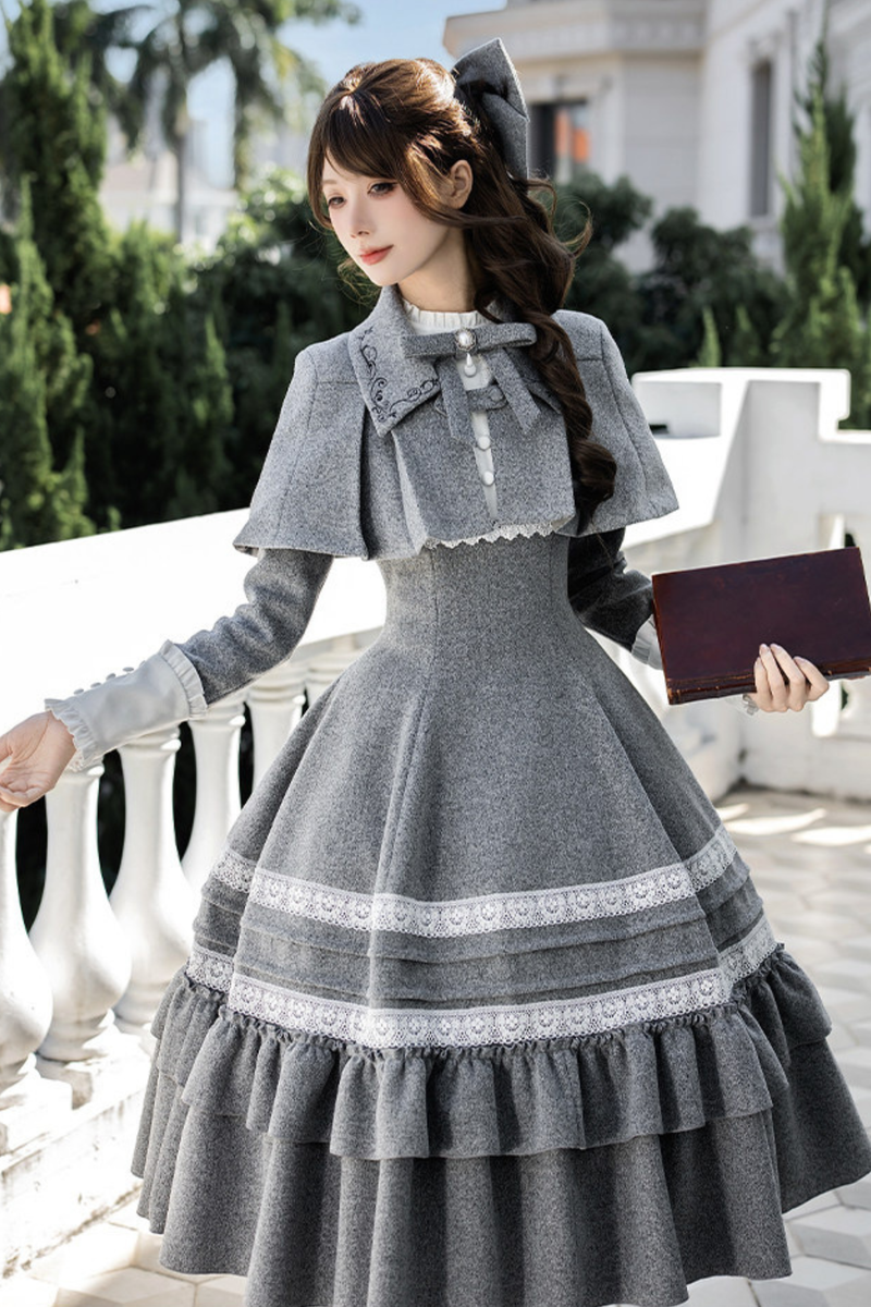 Ruffled Cape Coat + Dress + Hair Accessories + Brooch
