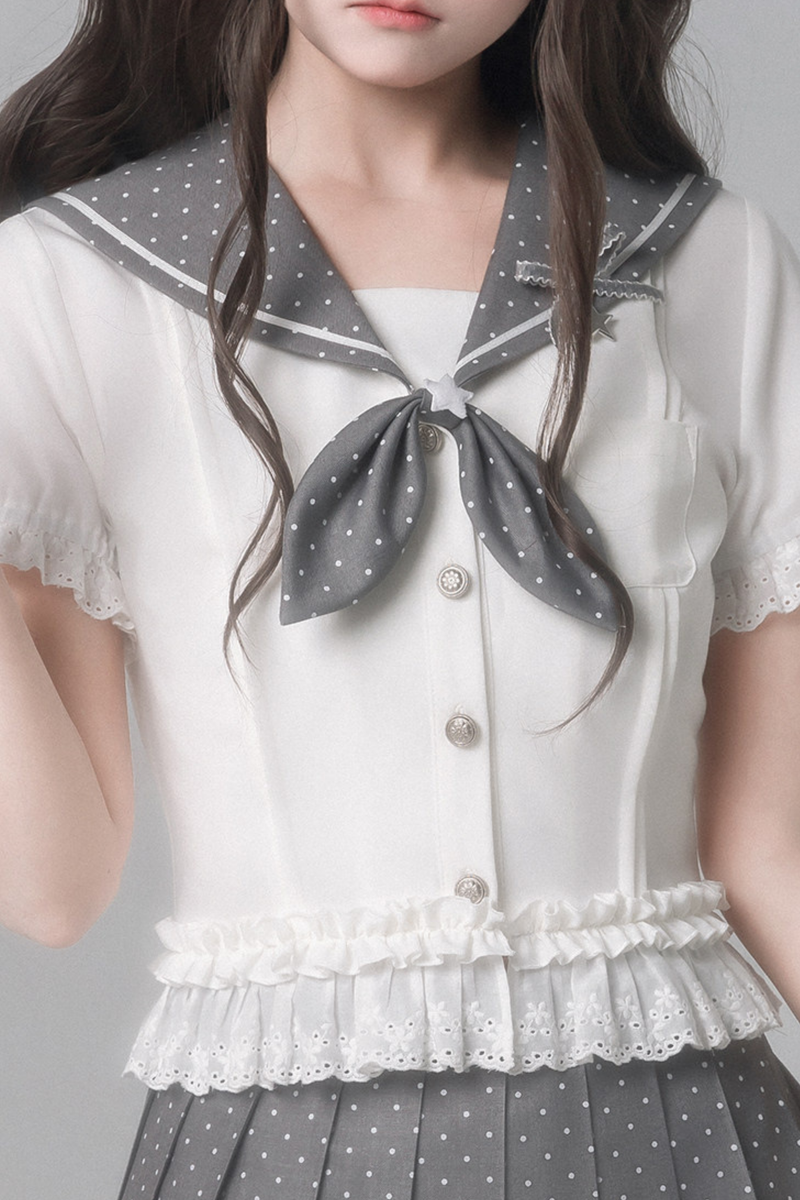 Sweet College Style Top + Polka Dot Pleated Skirt + Bow Tie