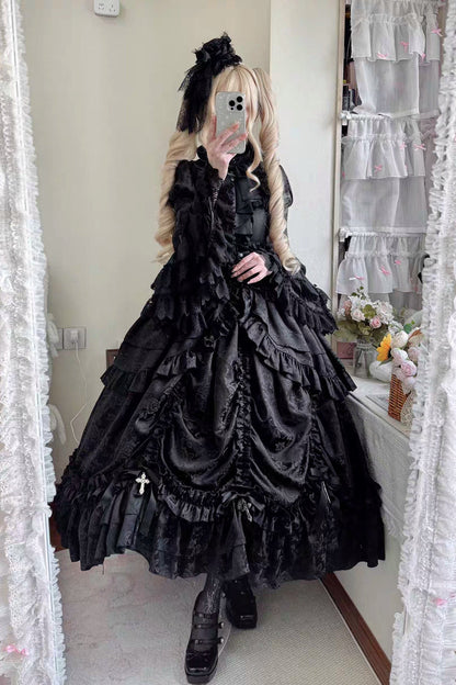 [pre-order Deadline: March 31] Cross Nocturne Gothic Dark Stripe Layered Top + Cross Rose Stripe Pull Up Skirt