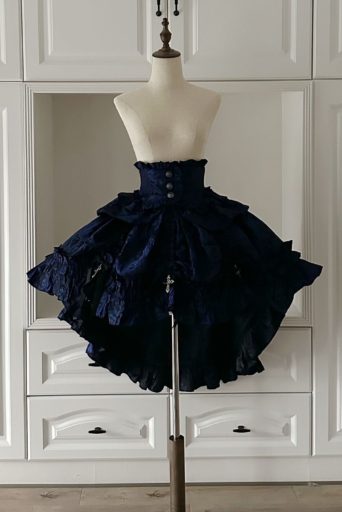 [pre-order Deadline: March 31] Cross Nocturne Gothic Dark Stripe Layered Top + Cross Rose Stripe Pull Up Skirt