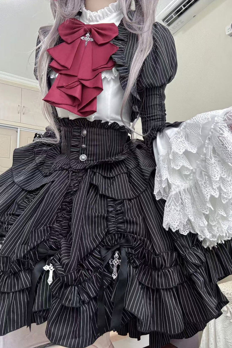 [pre-order Deadline: March 31] Cross Nocturne Gothic Dark Stripe Layered Top + Cross Rose Stripe Pull Up Skirt