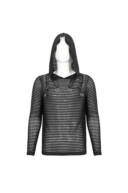 Black Striped Sheer Long Sleeve Punk Sweatshirt Hooded