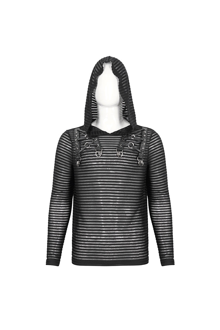 Black Striped Sheer Long Sleeve Punk Sweatshirt Hooded