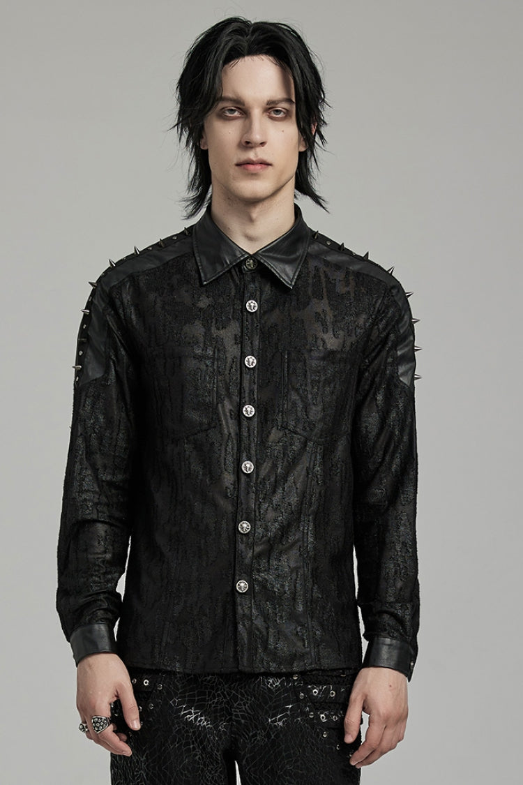Black Lapel Collar Long Sleeves Faux Leather Stitching Punk Blouse