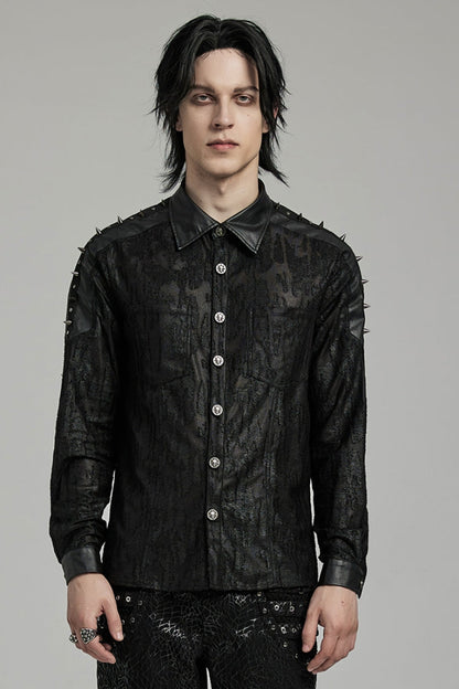 Black Lapel Collar Long Sleeves Faux Leather Stitching Punk Blouse