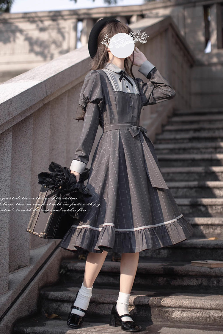 Grey Plaid Print Ruffle Bowknot Classic College Style Lolita Dress
