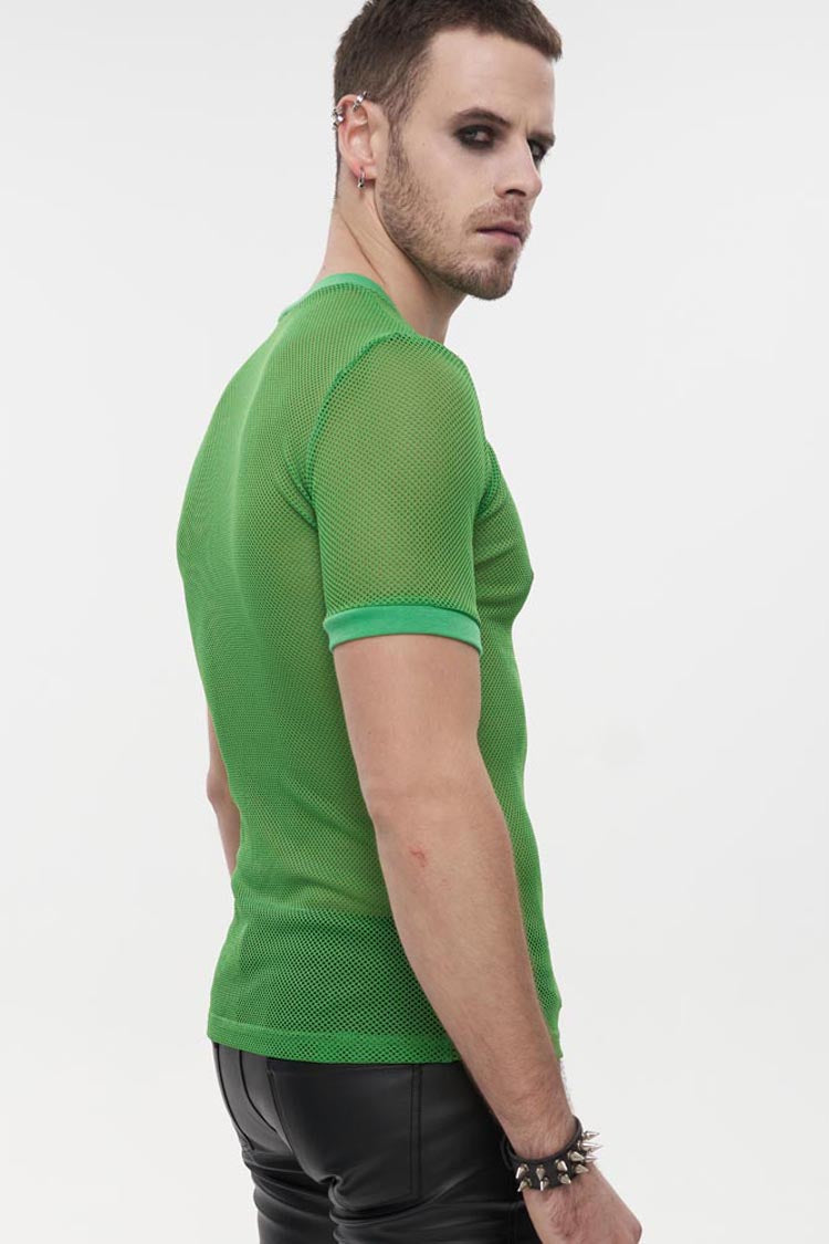 Green Gothic Crew Neck Diamond-shaped Net Hyperelastic Short Sleeve T-shirt