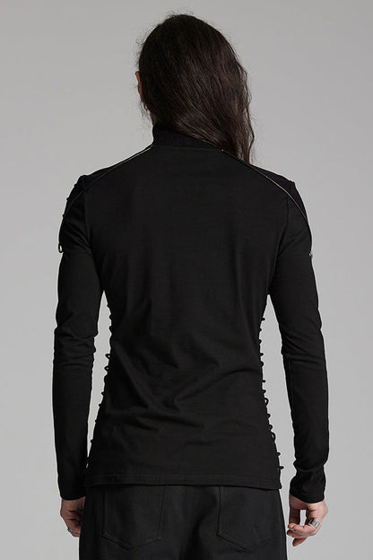 Black Long Sleeves Rivet Zipper Drawstring Punk Blouse