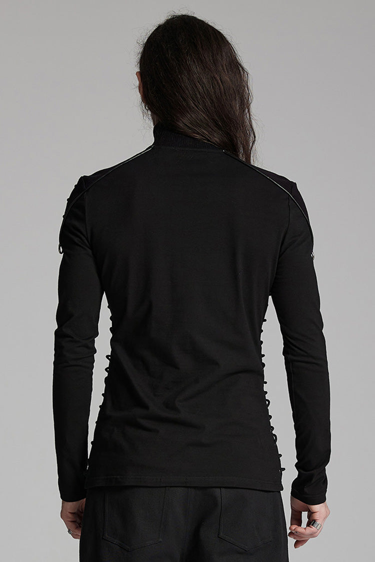 Black Long Sleeves Rivet Zipper Drawstring Punk Blouse