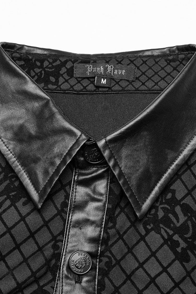 Black Print Faux Leather Stitching Skull Button Decorated Gothic Blouse