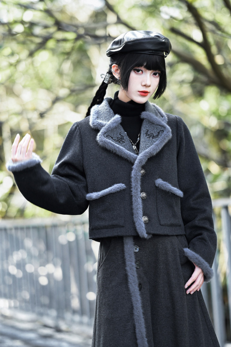 Retro Mode Faux Fur Short Jacket + Skirt
