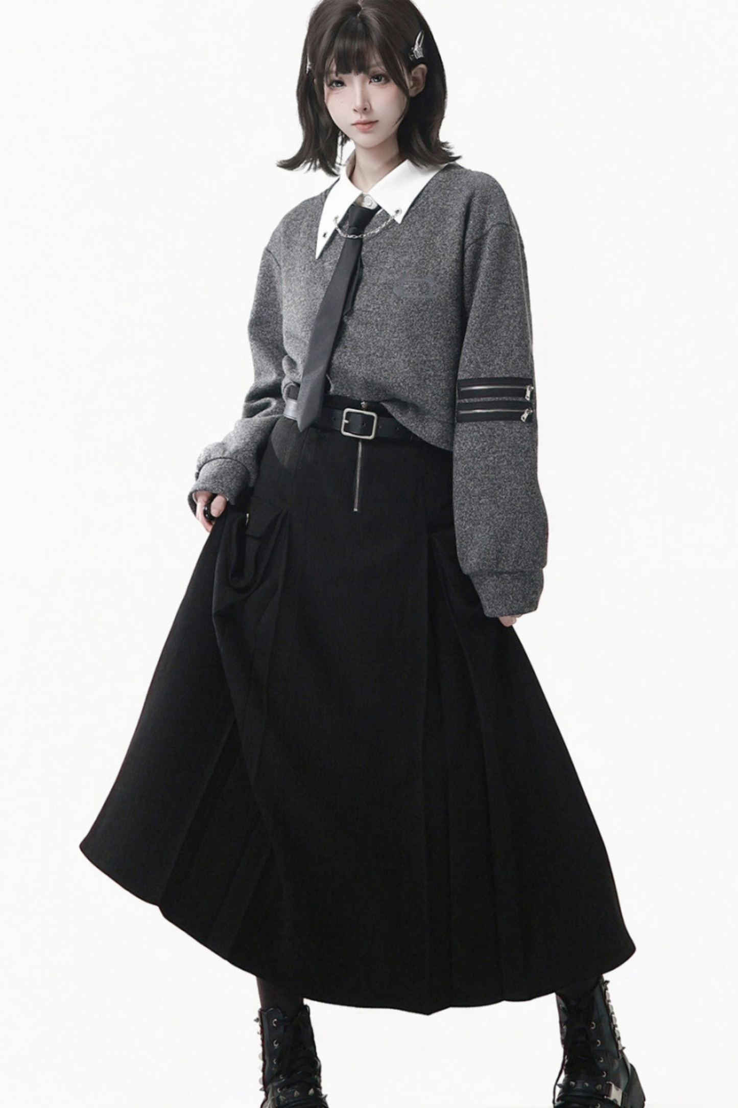Gray Winter Preppy College Long Top + Short Top + Skirt + Pants + Shirt
