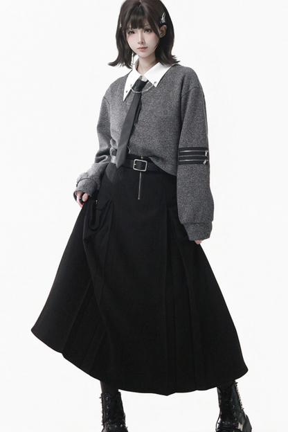 Gray Winter Preppy College Long Top + Short Top + Skirt + Pants + Shirt