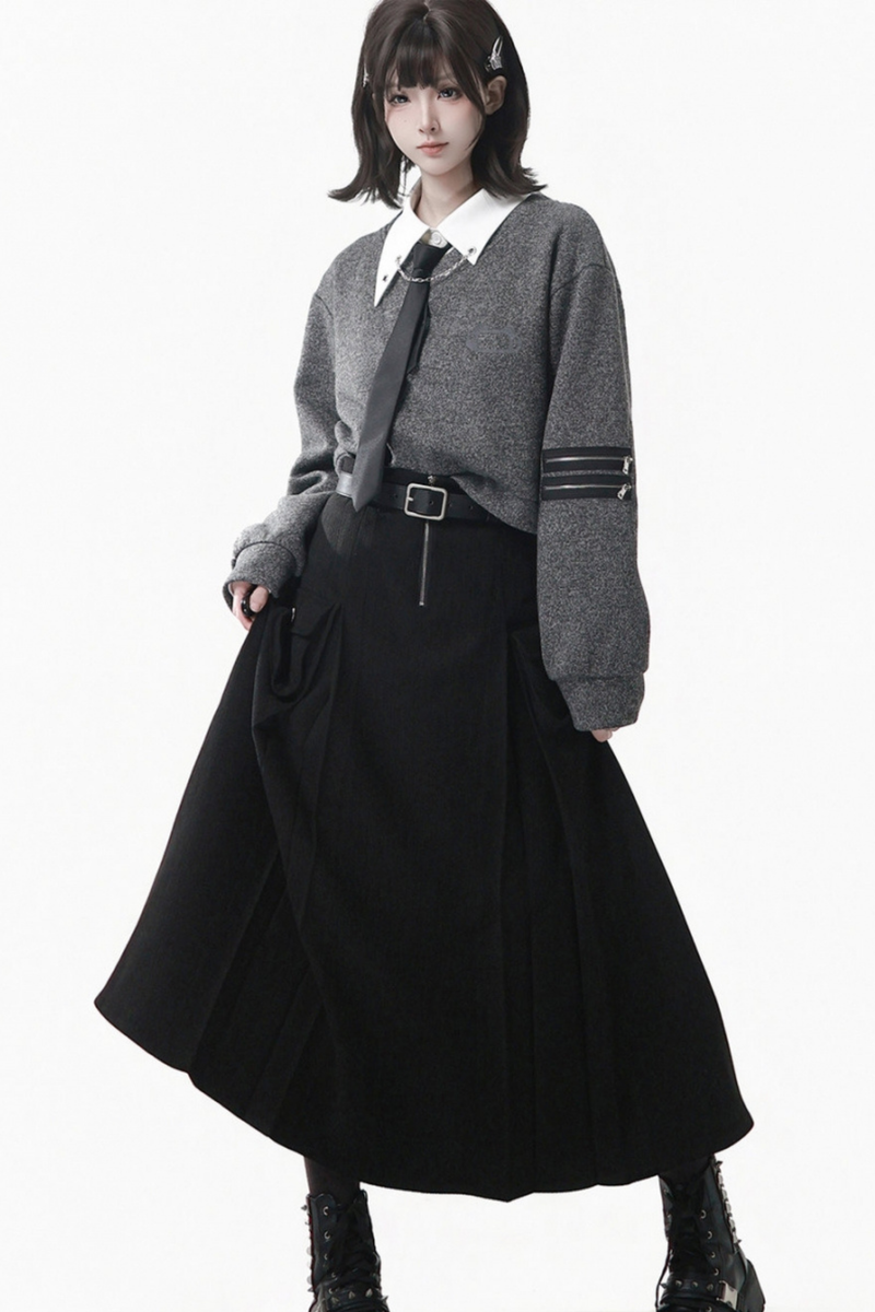 Gray Winter Preppy College Long Top + Short Top + Skirt + Pants + Shirt