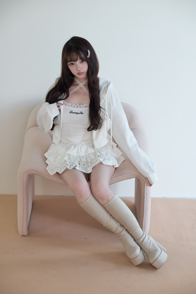Hooded Hoodie + Camisole + Ruffled Skirt