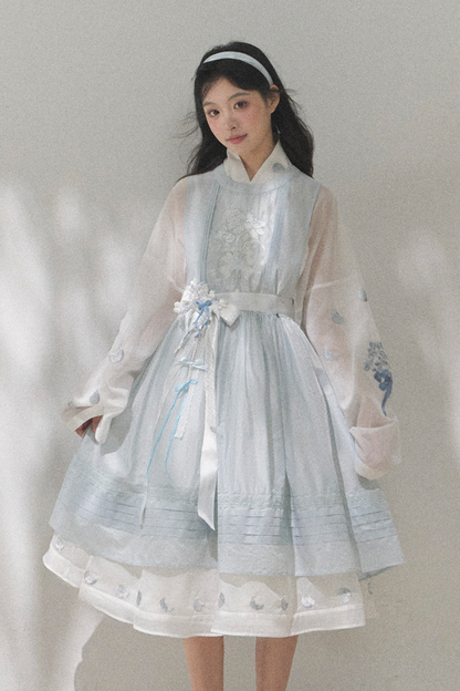 Pure White Chinese Dress + Cover Apron + Belt