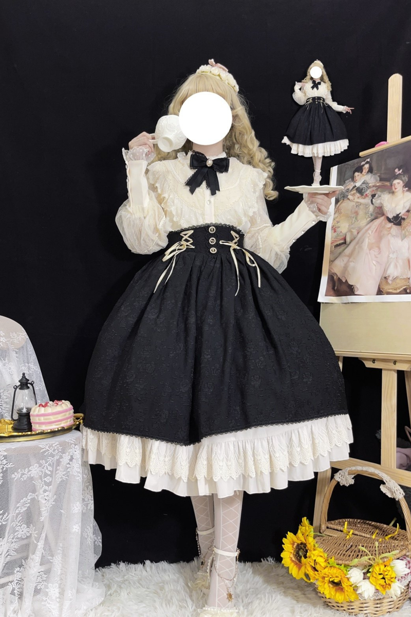 Retro Lolita Shirt + Lace-up High-waist Lolita Skirt