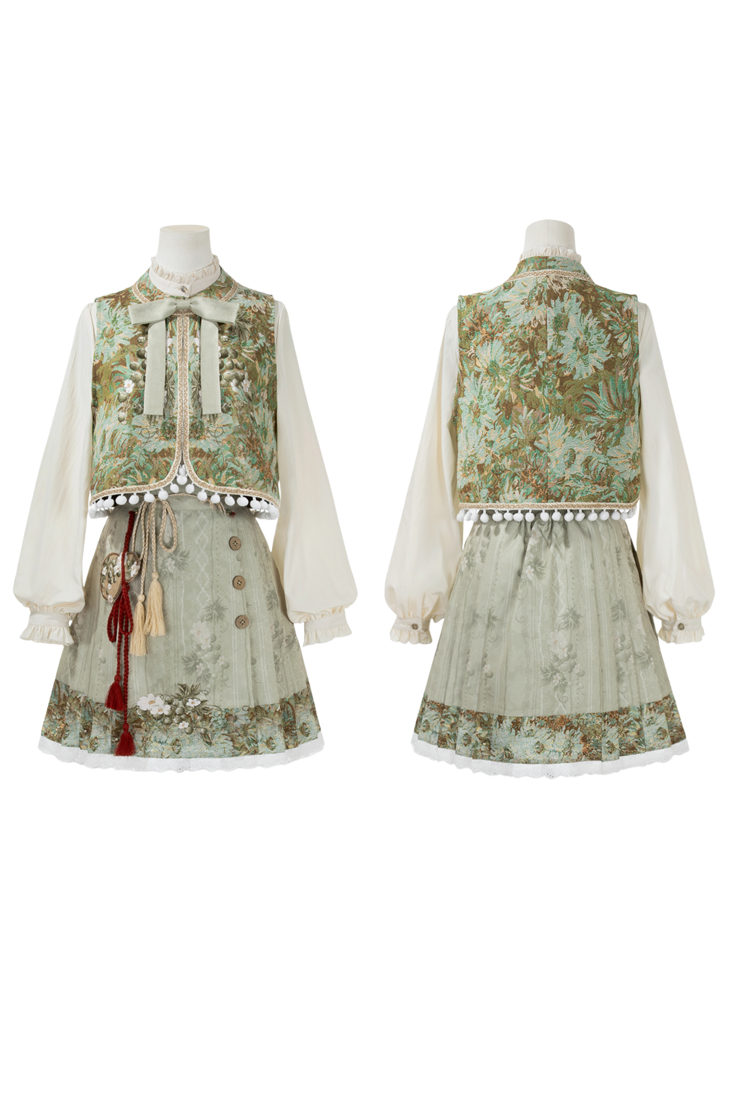 Forest Chinese-style Vest + Blouse + Skirt