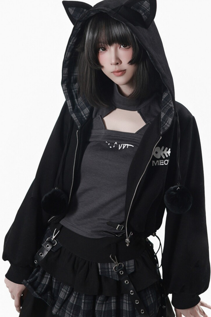 Cat Ear Jacket + Tiered Skirt + Top + Striped Leg Warmers