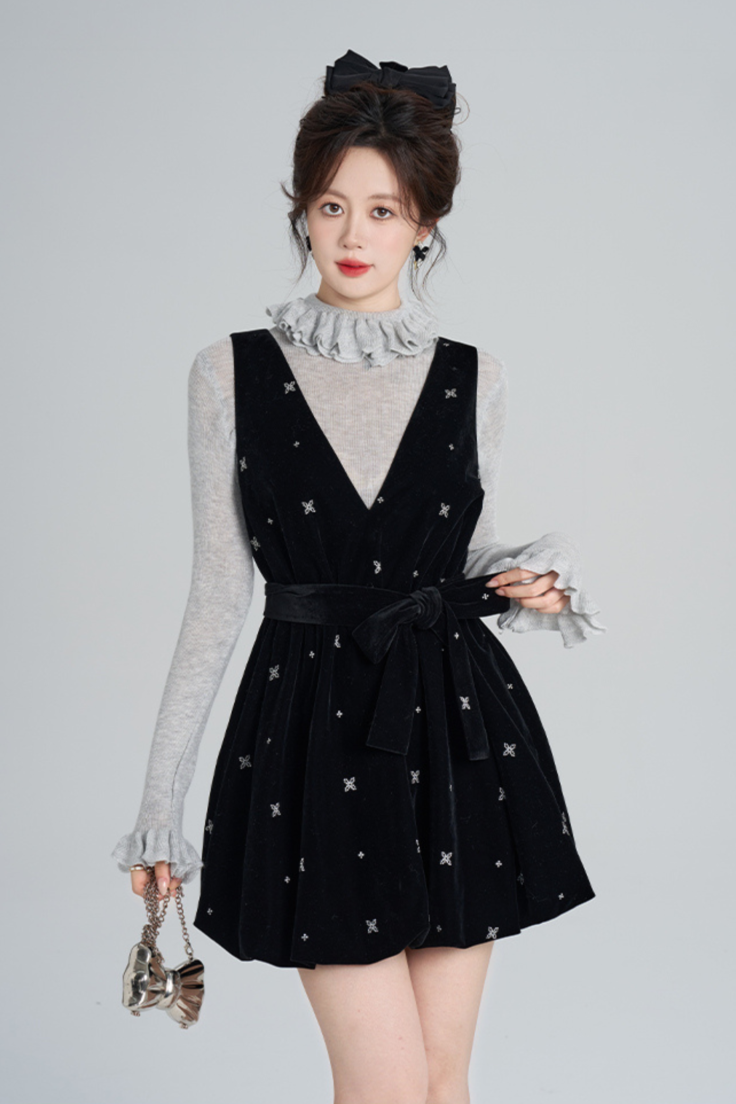 French Black Velvet Ribbon Balloon Dress