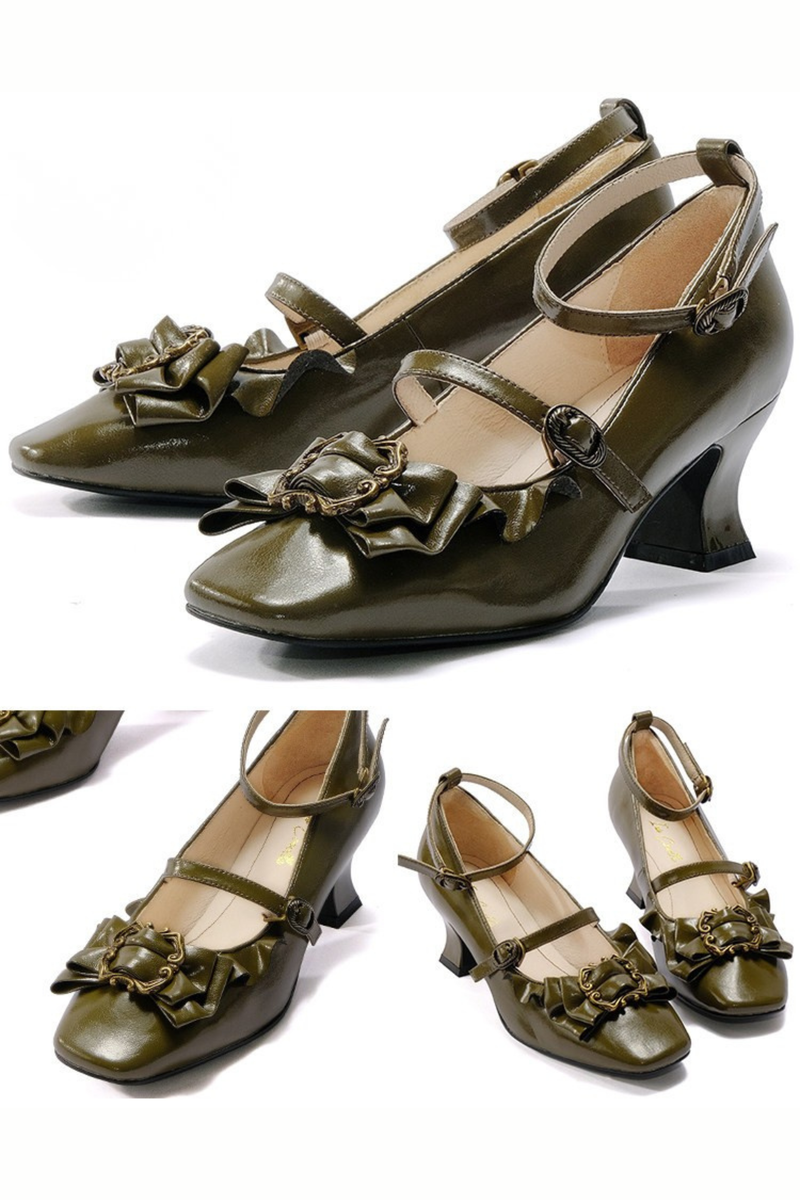 Leather Ribbon Ruffle Lolita Heels