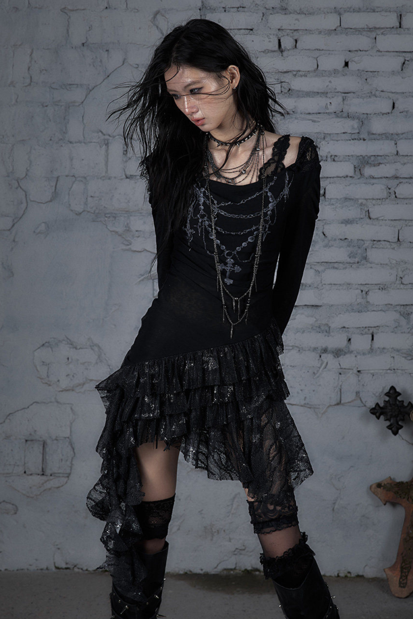 Punk Lace Hood Asymmetrical Dress