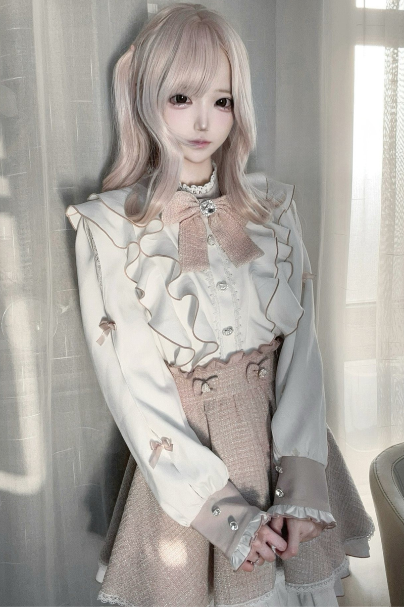Lace Shoulder Ribbon Blouse + Skirt