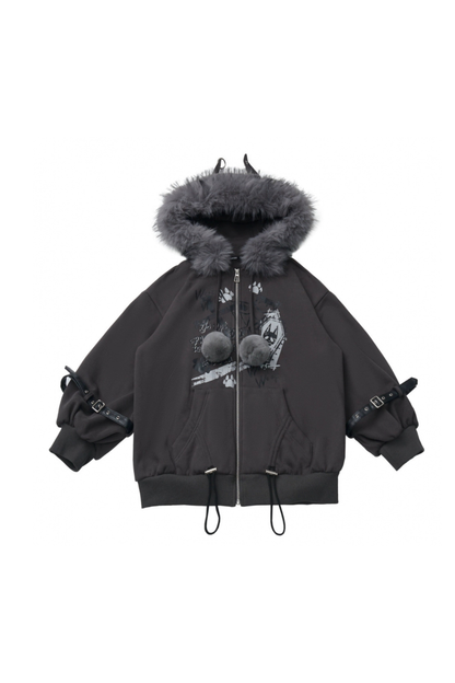 Fur Ball Fur Hooded Jacket + Top + Skirt