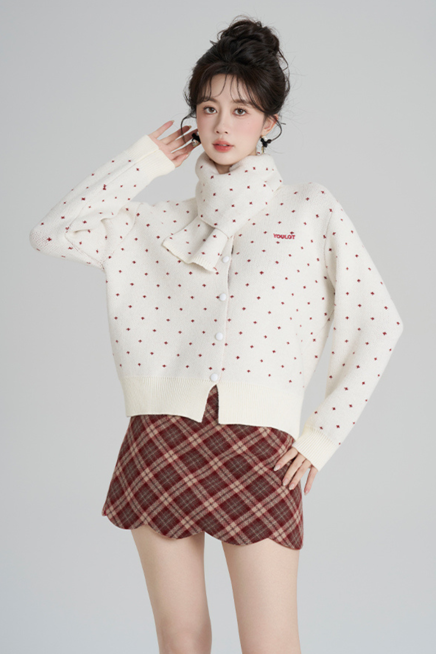 French Style Dotted Cardigan With Scarf