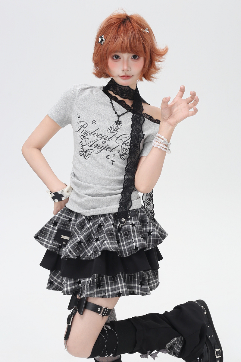 Lace Design One Shoulder Slim Top