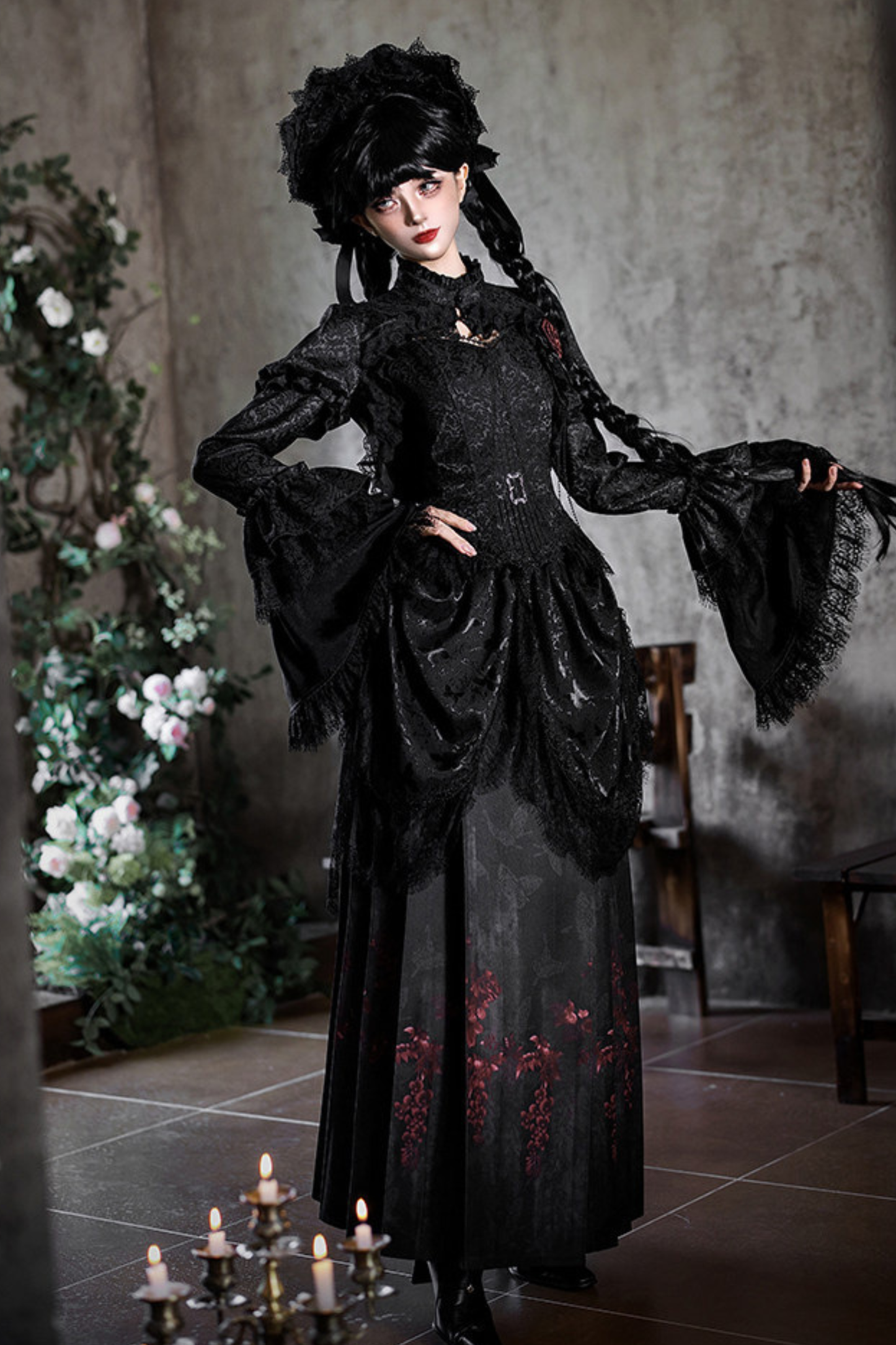 Gothic Corset Top + Short Coat + Hose + Curtain + Skirt + Flower + Bonnet