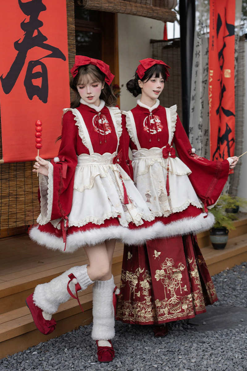 Chinese-style Big Sleeve Dress + Apron + Skirt + Leg Warmers + Hairband + Clip + Pin