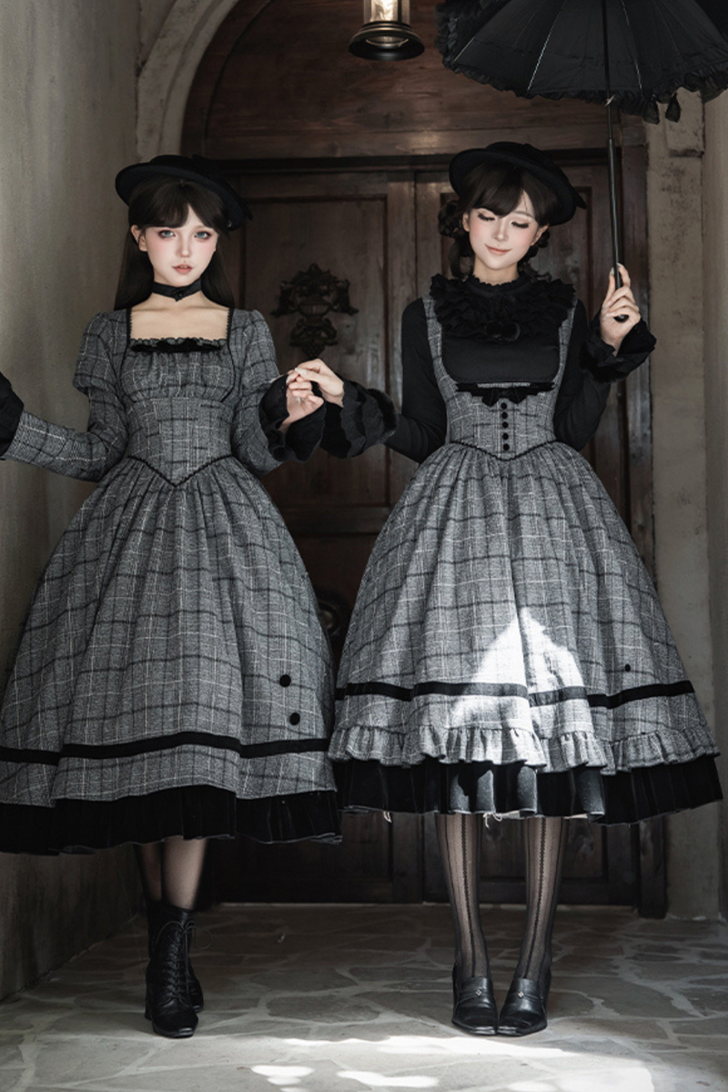 Plaid Fishbone Chest Jsk + Dress + Innerwear + Ribbon + Hat