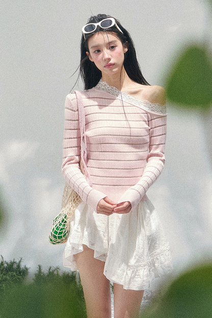 One Shoulder Glance Lace Striped Top