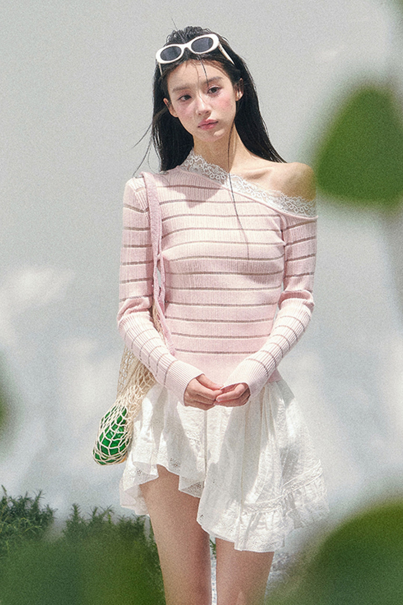 One Shoulder Glance Lace Striped Top