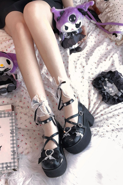 Lace Sheep Puff Lolita Lace Rhinestone Ribbon Flatform Shoes